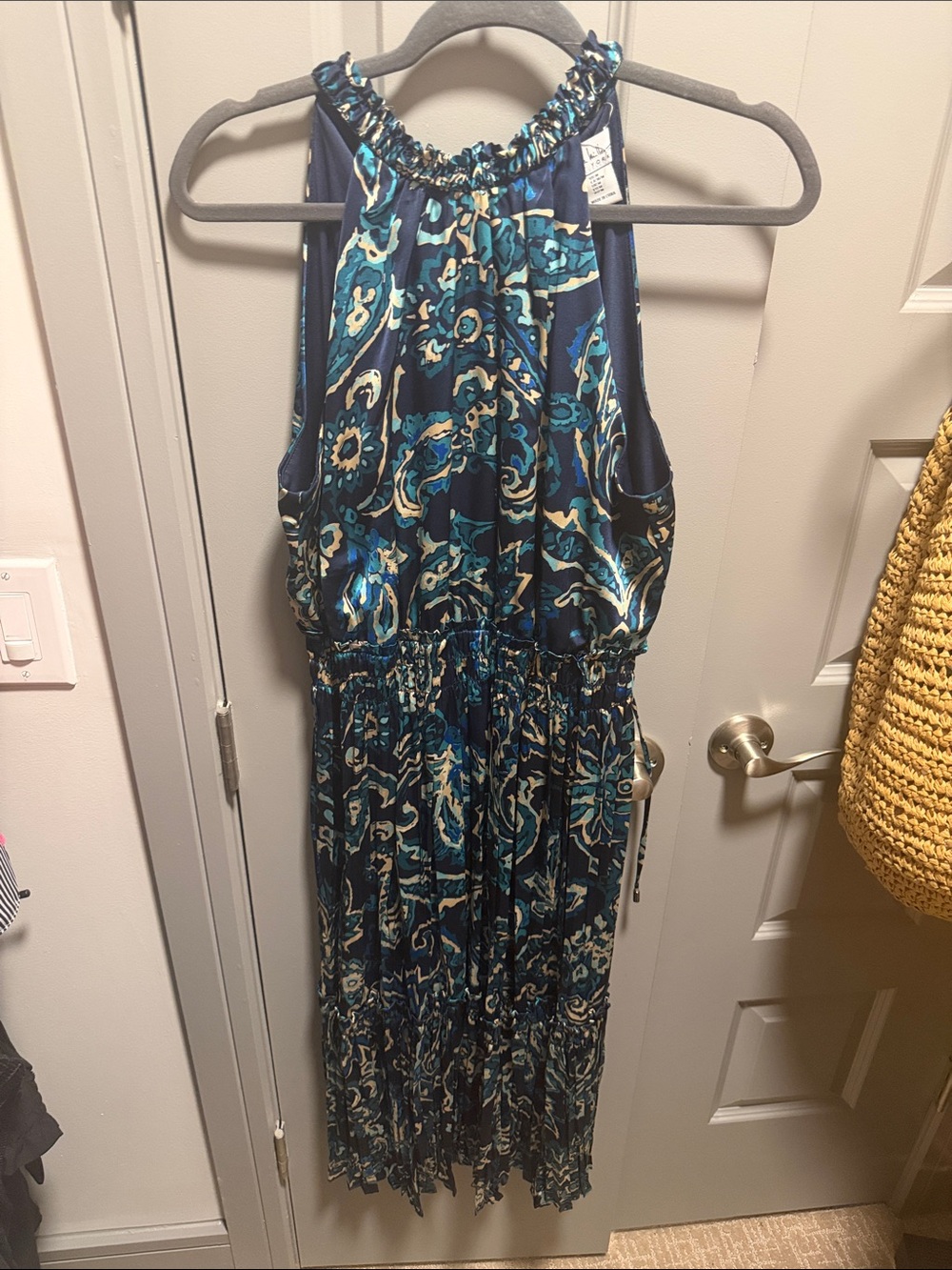 Nicole Miller Navy Blue Teal Print Halter Maxi Dress